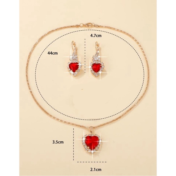 New Red Heart necklace and Earrings golden jewelry set rhinestone Valentines - Picture 6 of 6